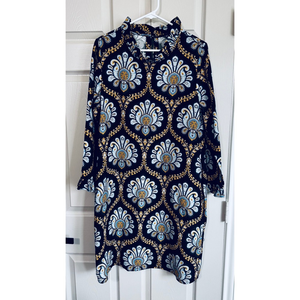 Boho Chic Shift Dress Size M Blue Gold Damask Medallion Ruffle Neck Regalβ Glam